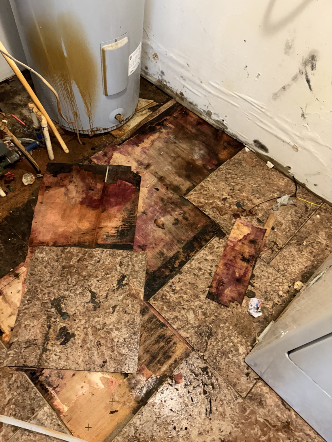 Damaged laundry room flooring removed during demolition